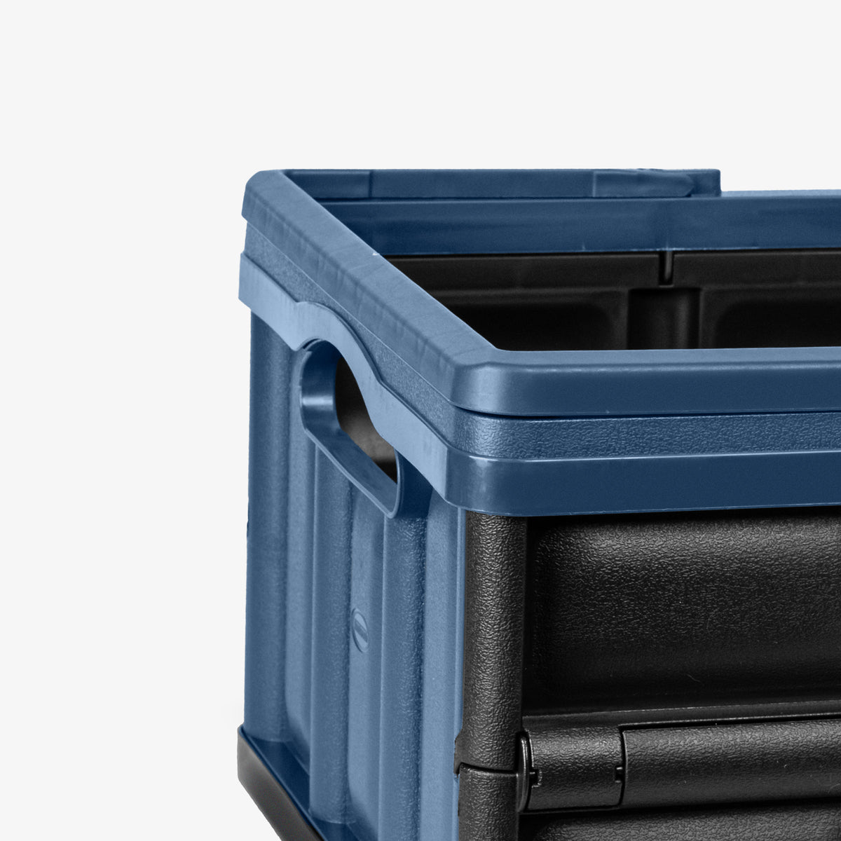Blue and black storage crate on a white background