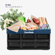 Blue and Black CleverMade storage crate filled with groceries on a white background
