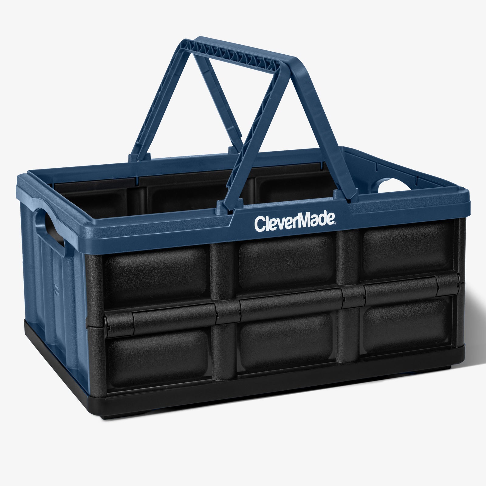 Blue and black CleverMade storage bin with a handle on a white background