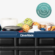 CleverMade crate with groceries and a logo indicating 100% recycled plastic use.