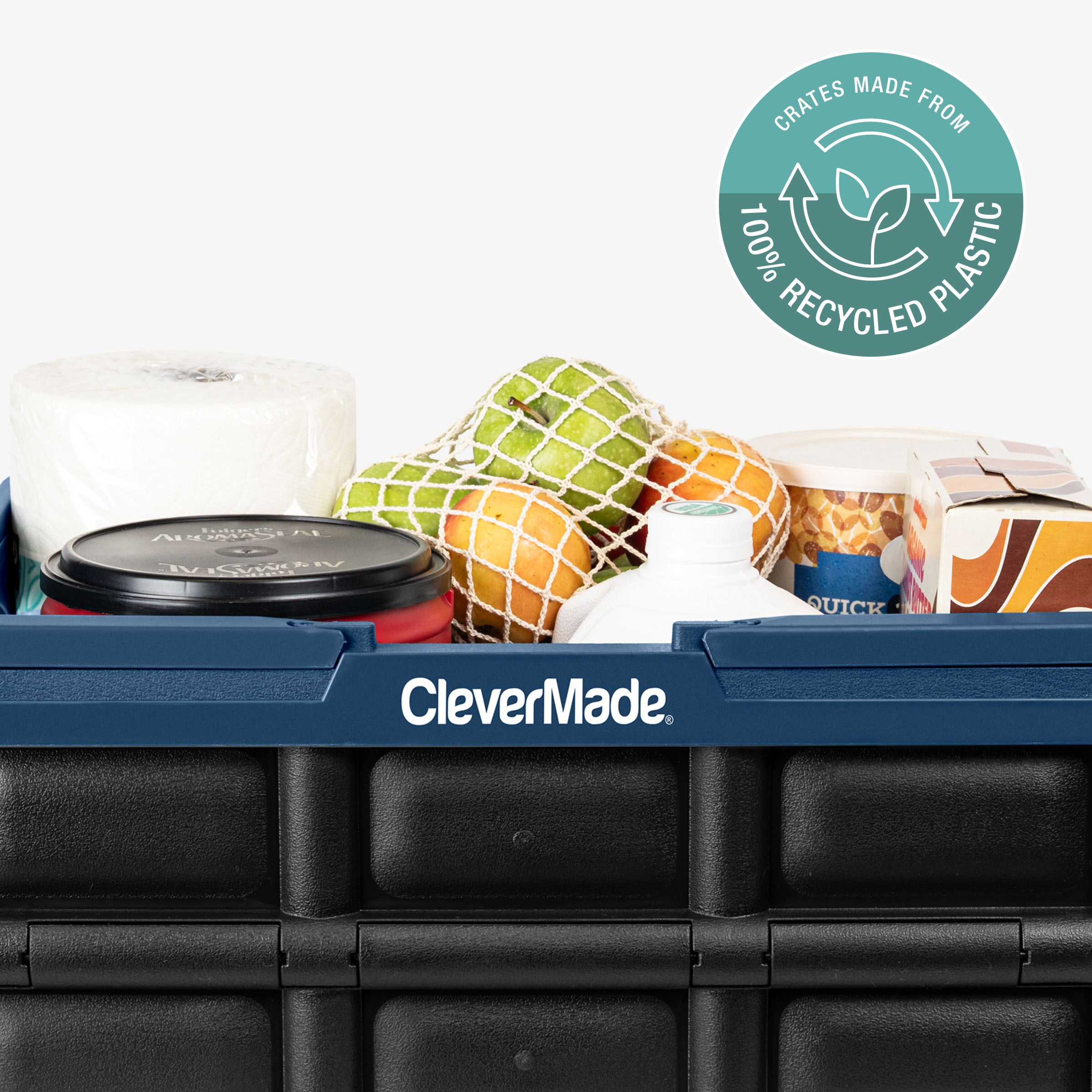 CleverMade crate with groceries and a logo indicating 100% recycled plastic use.