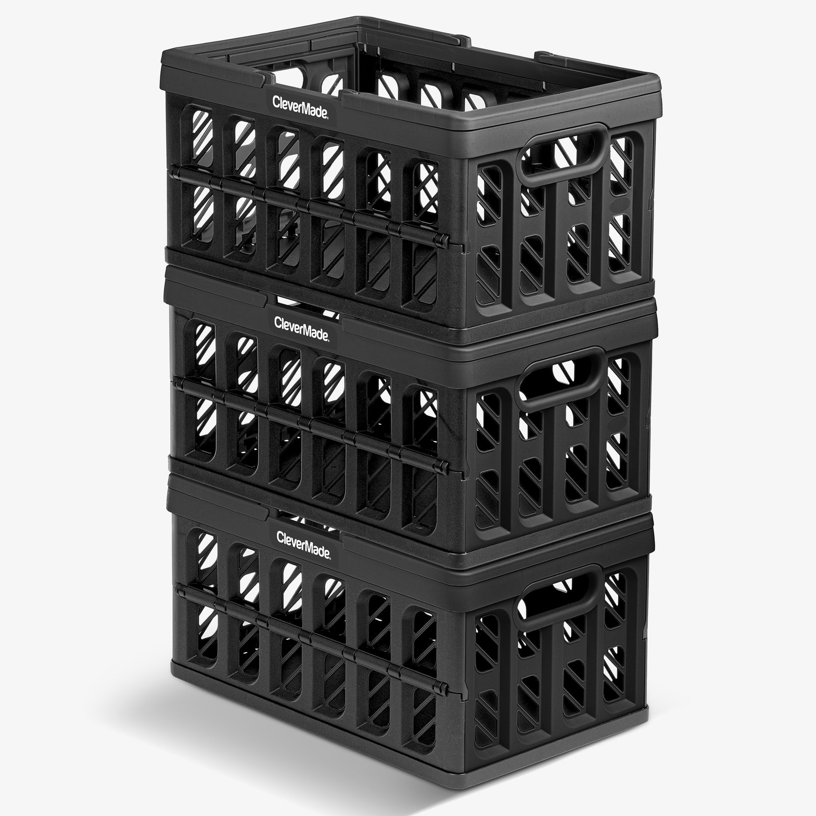 A three-layered black stackable collapsible shopping basket with CleverMade logo