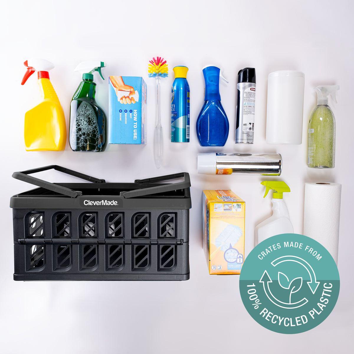 A black collapsible shopping basket made from 100% recycled plastic for carrying Cleaning supplies