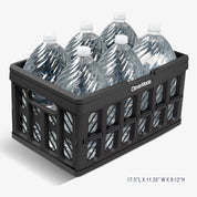 A black collapsible shopping basket for carrying multiple bottles of water
