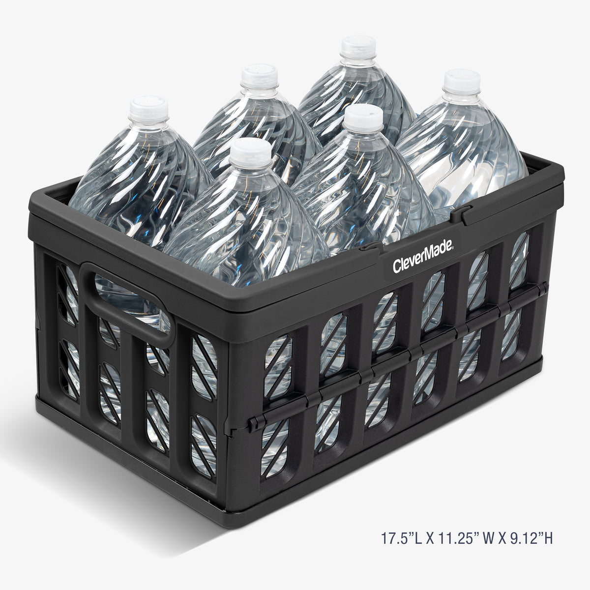 A black collapsible shopping basket for carrying multiple bottles of water