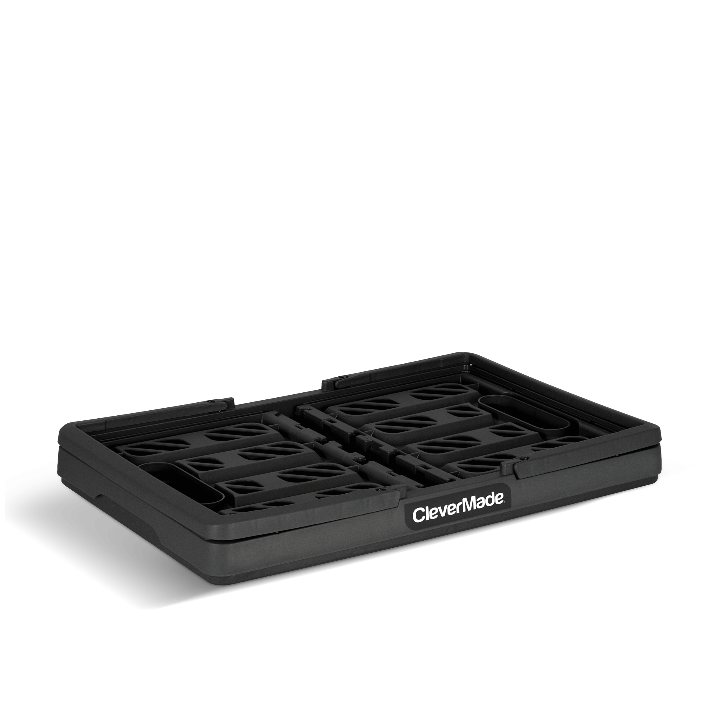 A black collapsible shopping basket with CleverMade logo