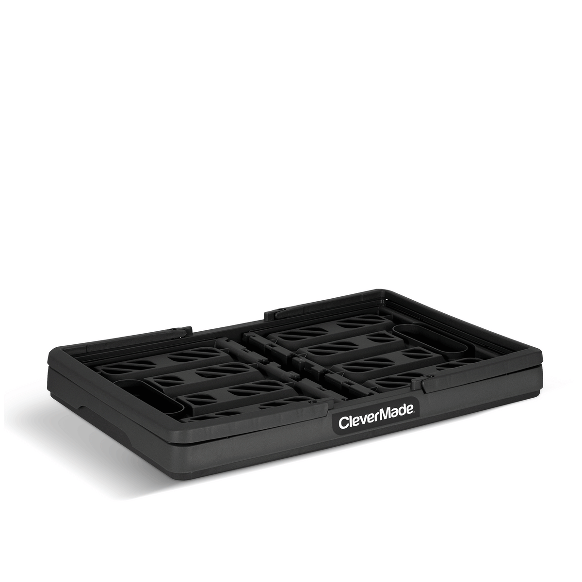 A black collapsible shopping basket with CleverMade logo