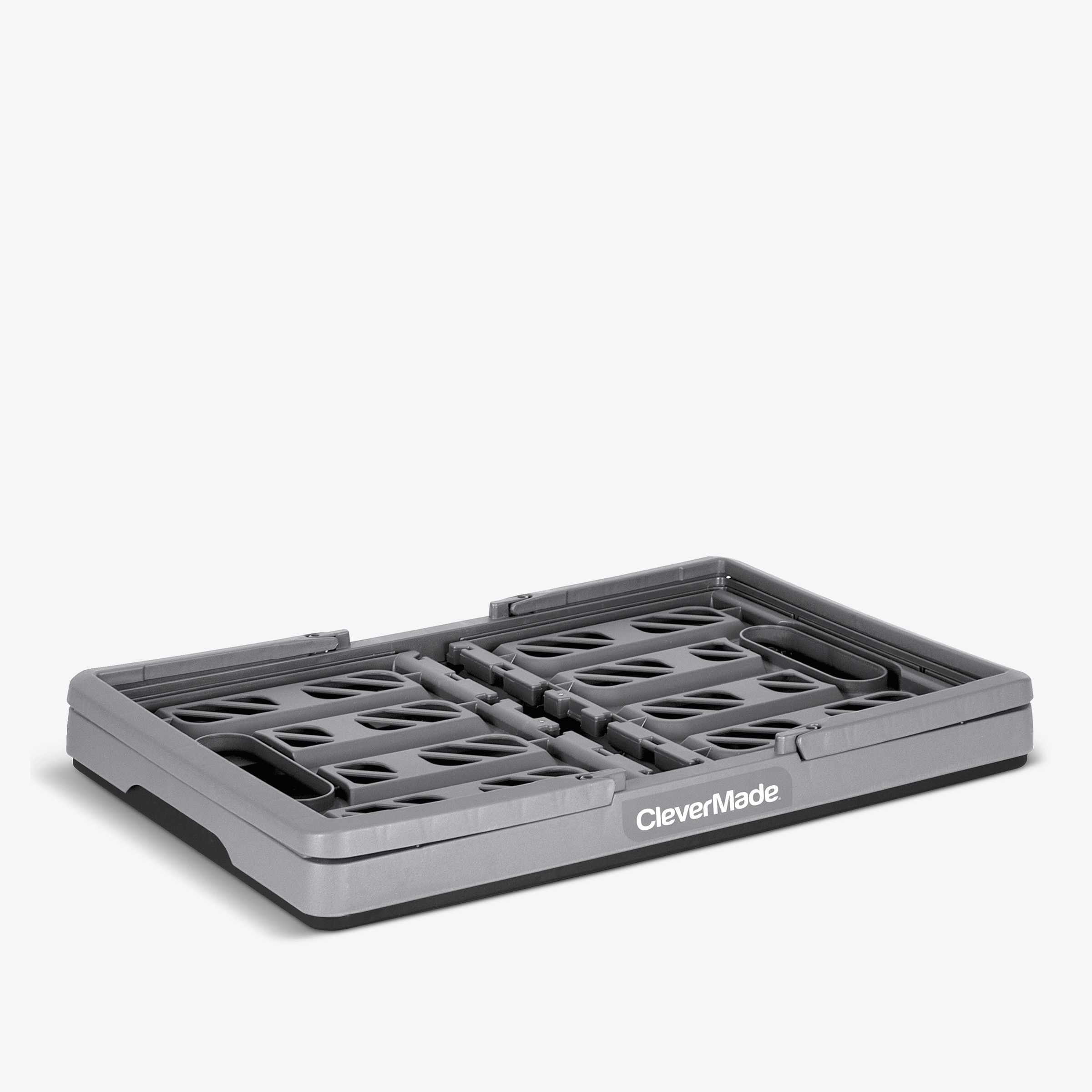 A gray and black collapsible shopping basket with CleverMade logo