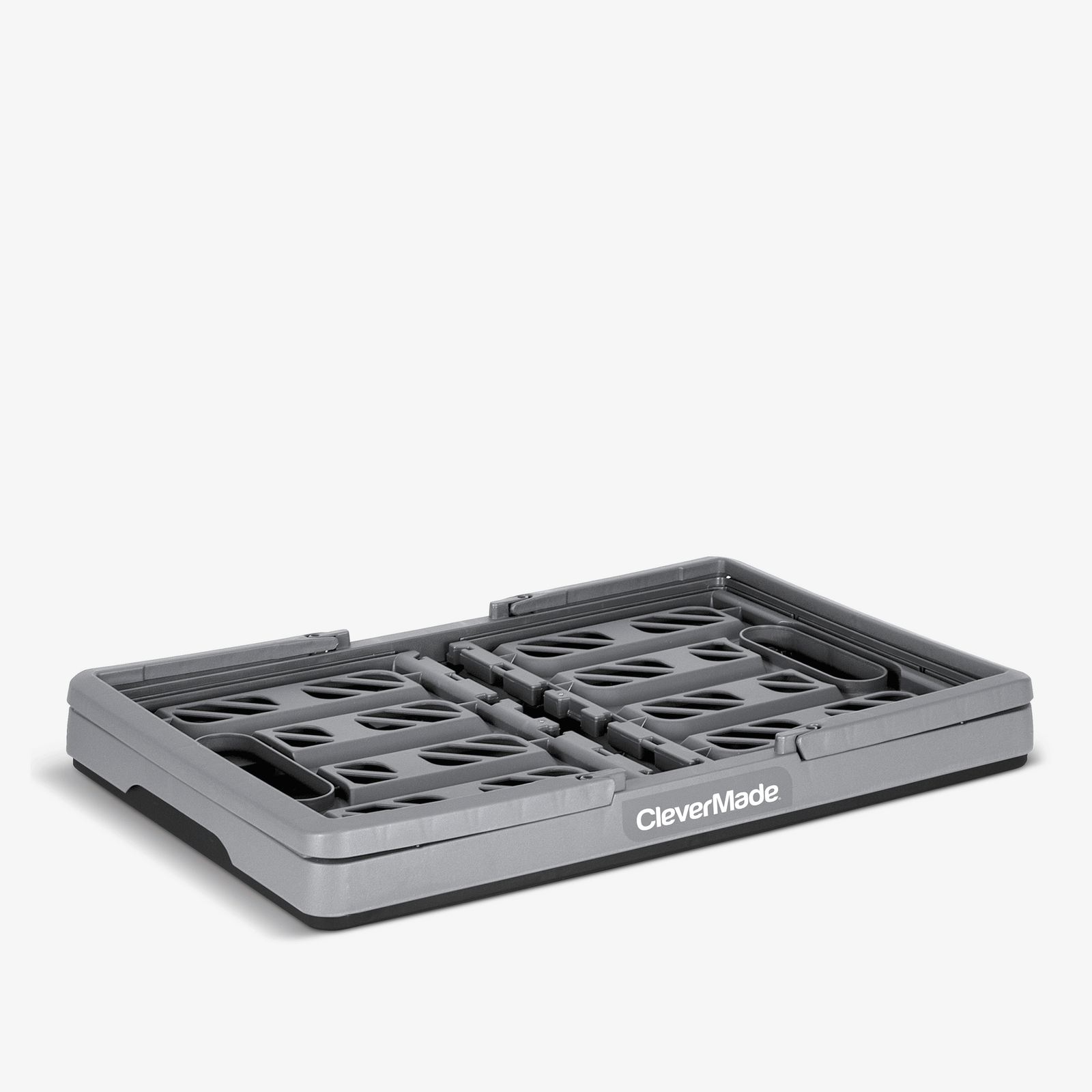A gray and black collapsible shopping basket with CleverMade logo