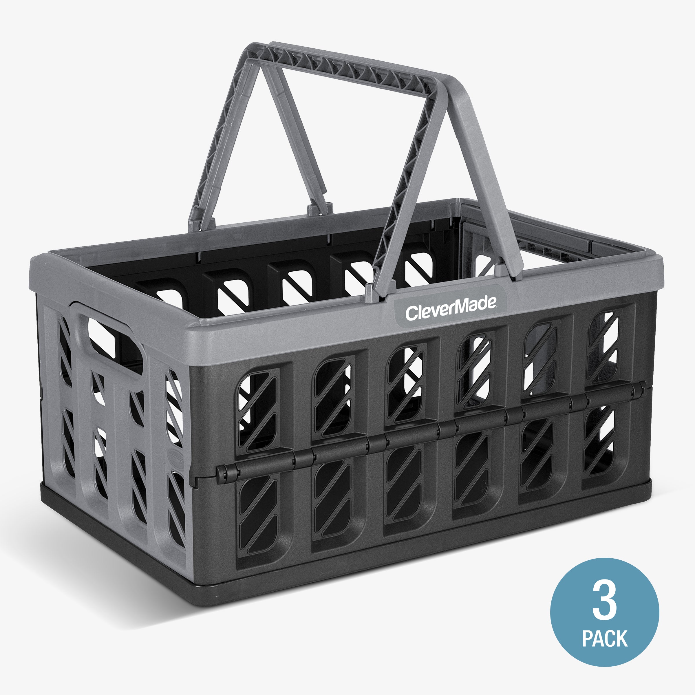 A 24L gray and black collapsible shopping basket with CleverMade logo