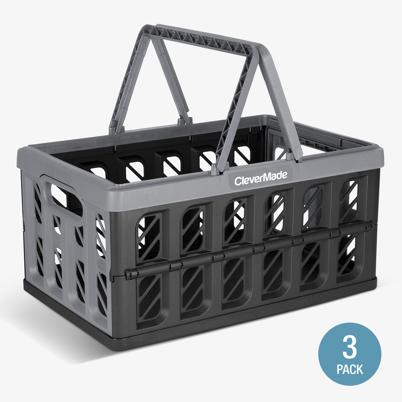 A 24L gray and black collapsible shopping basket with CleverMade logo