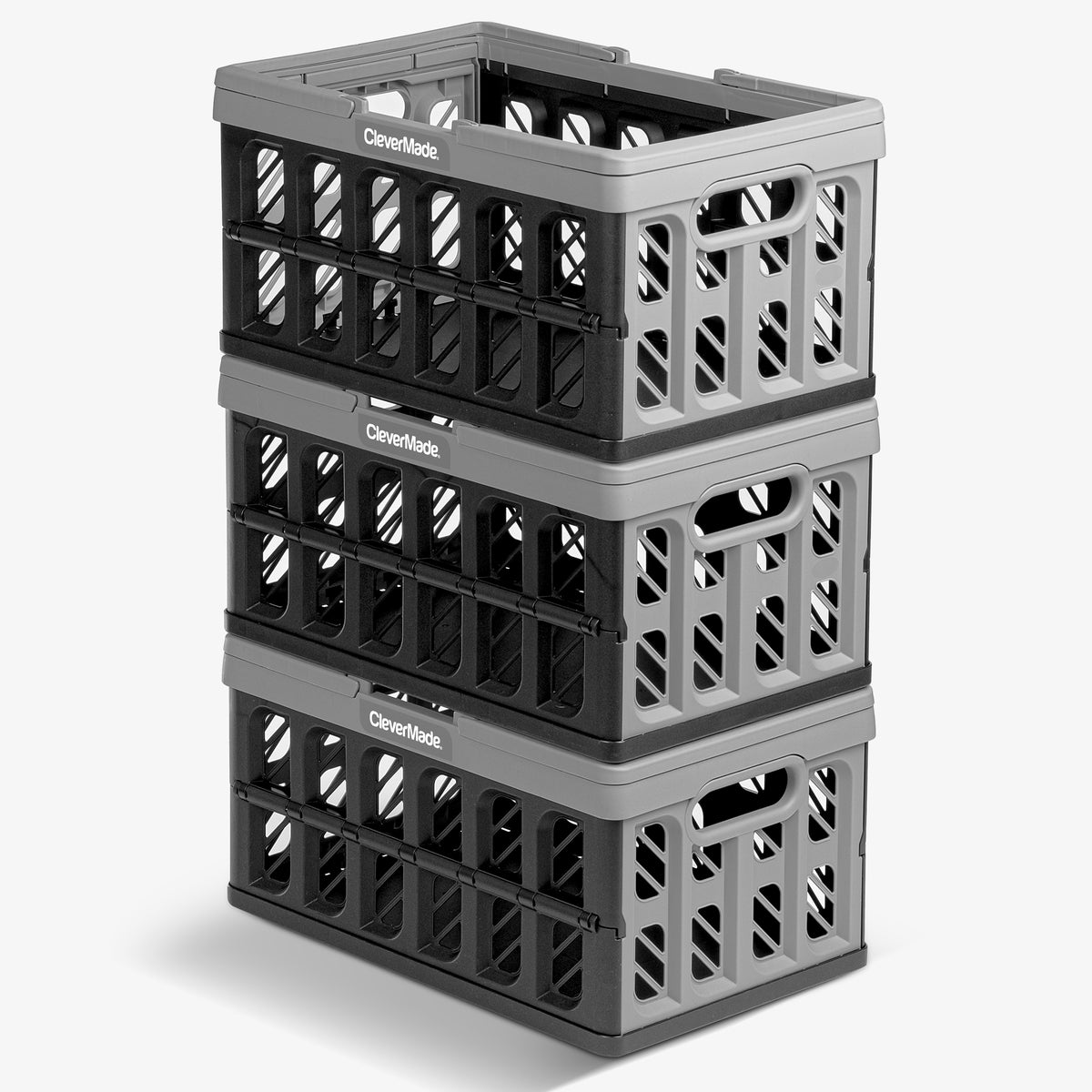 A three-layered gray-black stackable collapsible shopping basket with CleverMade logo