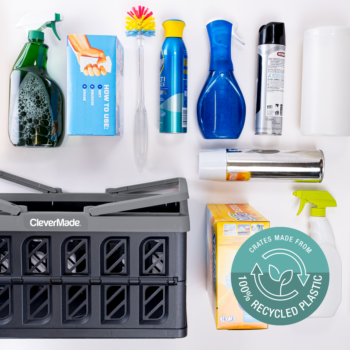 A gray and black collapsible shopping basket made from 100% recycled plastic for carrying Cleaning supplies