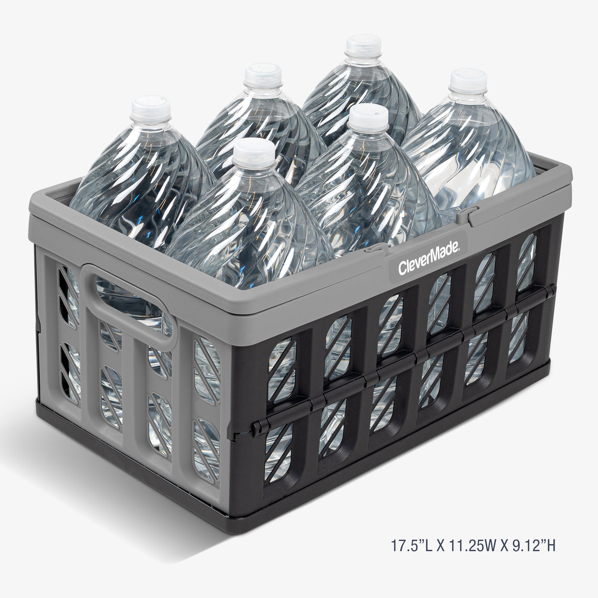 A gray and black collapsible shopping basket for carrying multiple bottles of water