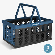 A navy and black collapsible shopping basket with the brand name CleverMade visible on the side.