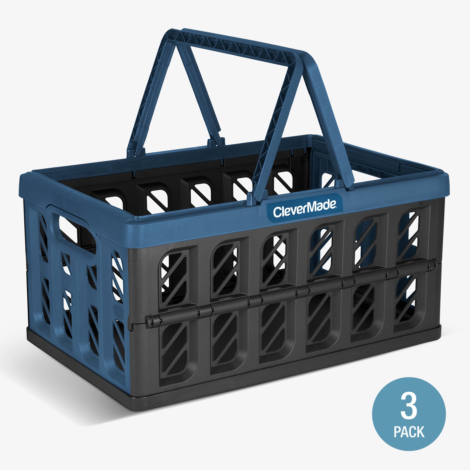 A navy and black collapsible shopping basket with the brand name CleverMade visible on the side.