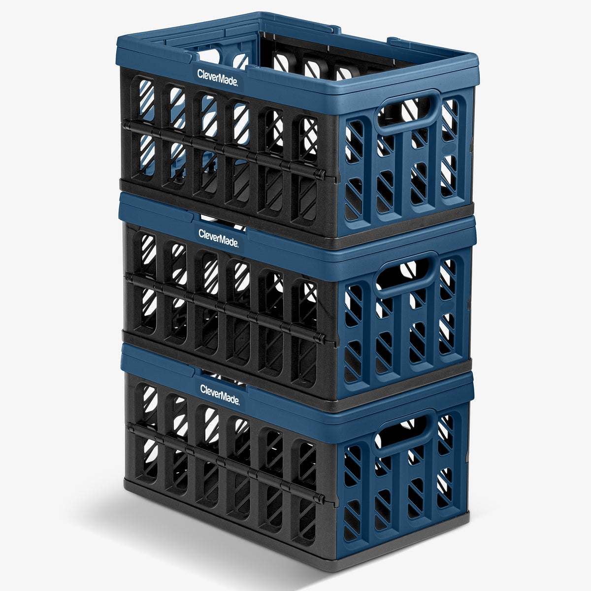 A three-layered navy and black stackable collapsible shopping basket with the brand name CleverMade.