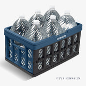 A navy and black collapsible shopping basket for carrying multiple bottles of water.