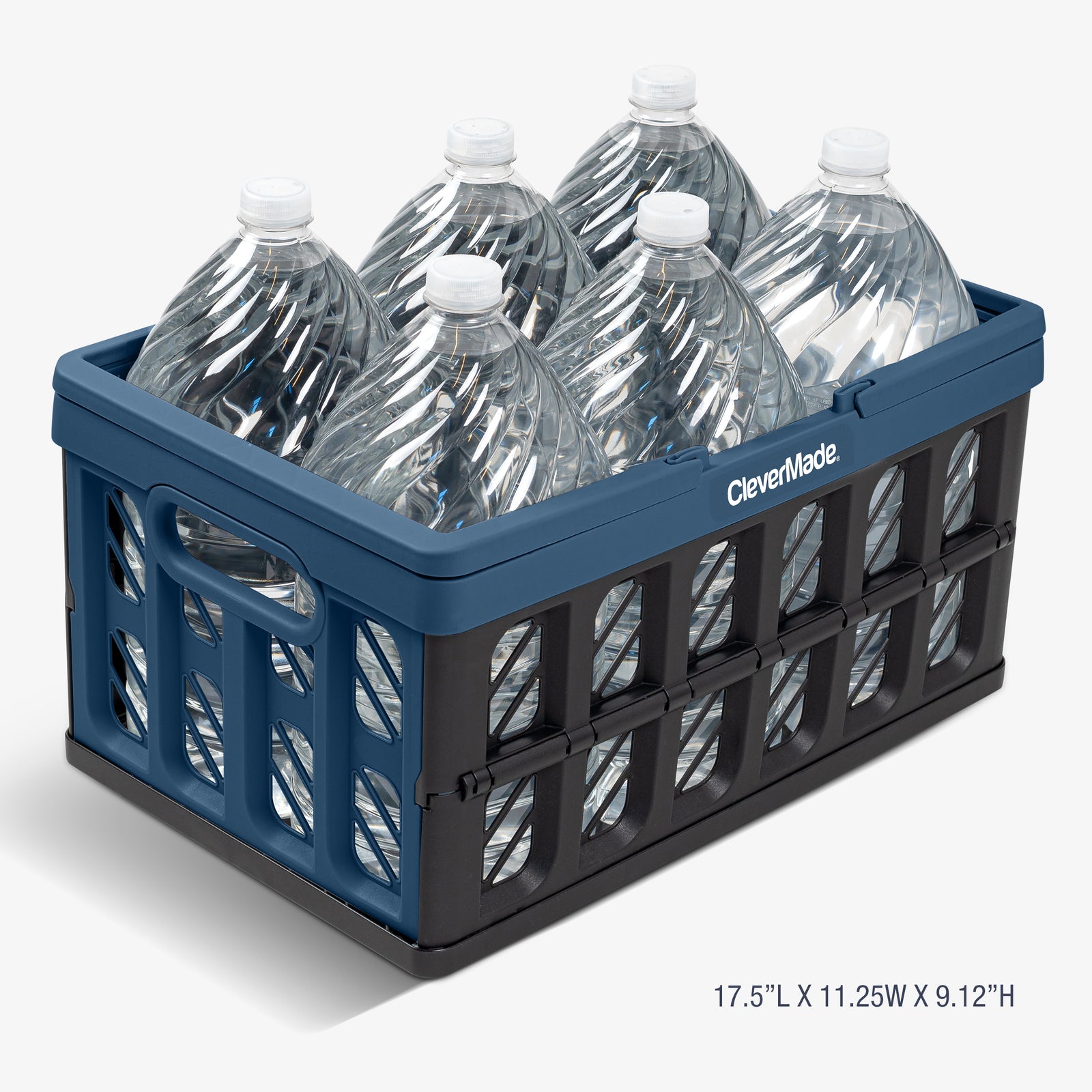 A navy and black collapsible shopping basket for carrying multiple bottles of water.