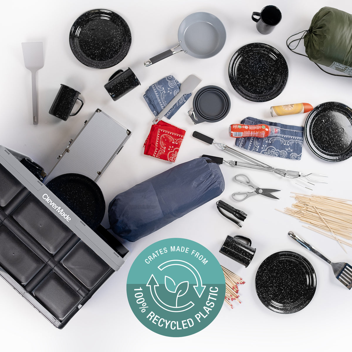A 62L gray-black collapsible storage bin is good for keeping and organizing kitchen and outdoor utensils