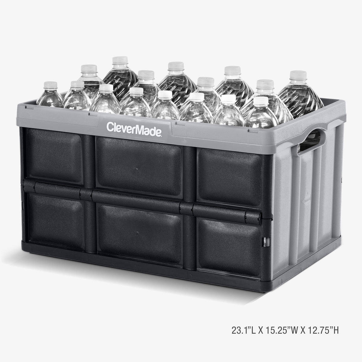 A gray-black collapsible storage bin can carry multiple bottles of water
