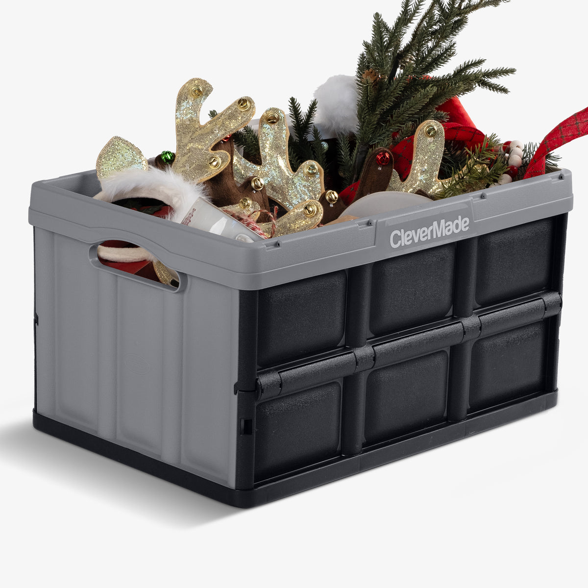 A 46L gray-black collapsible storage bin made from 100% recycled plastic - for storing Christmas decor
