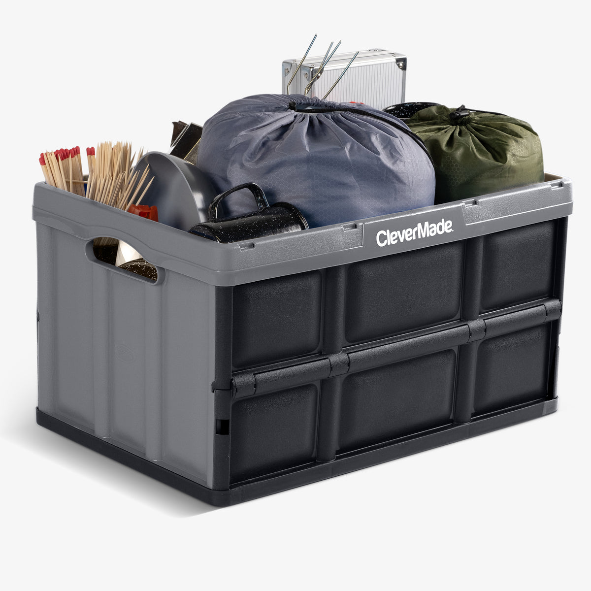 A 62L gray-black collapsible storage bin is good for keeping and organizing kitchen and outdoor utensils