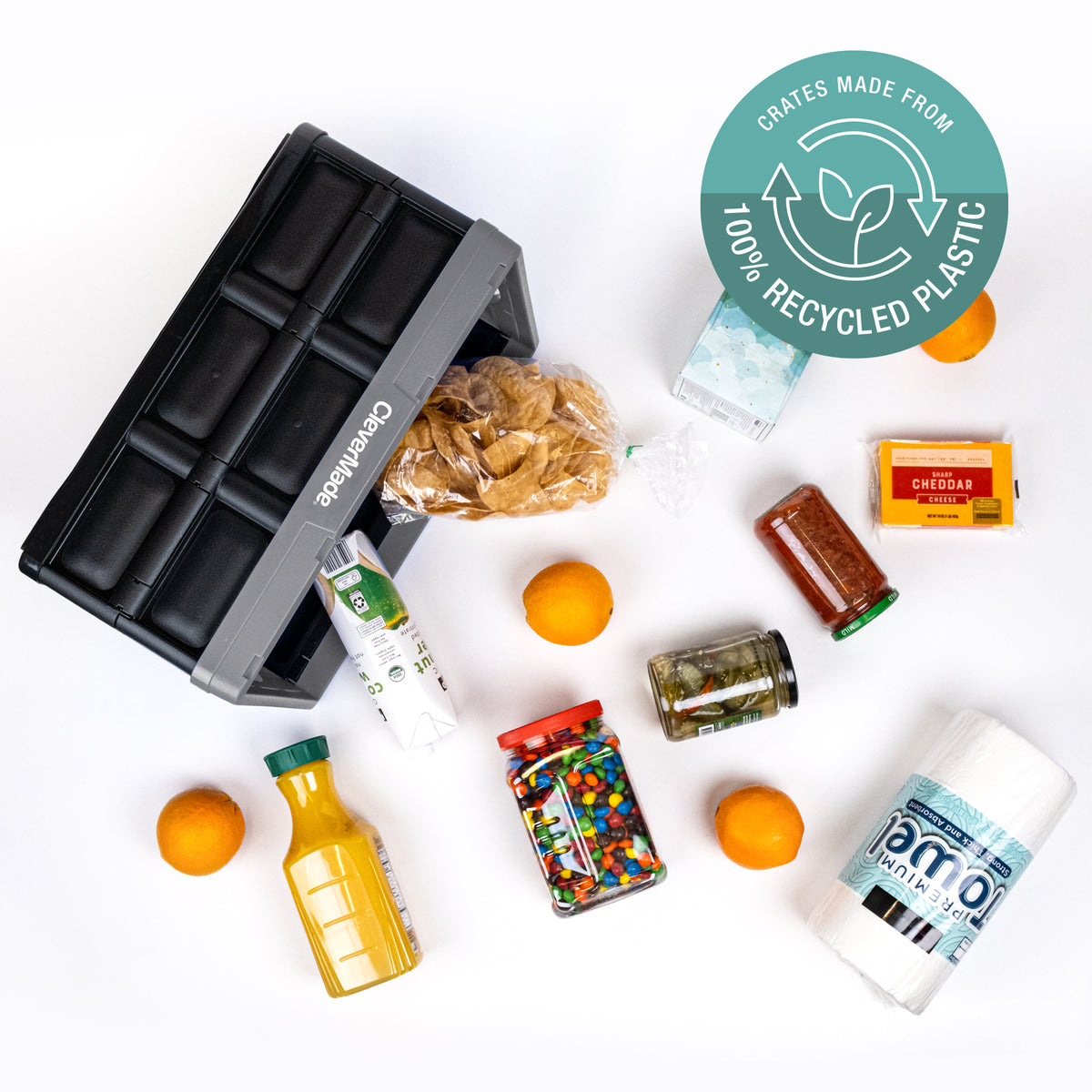 A gray-black collapsible storage bin made from 100% recycled plastic for carrying groceries