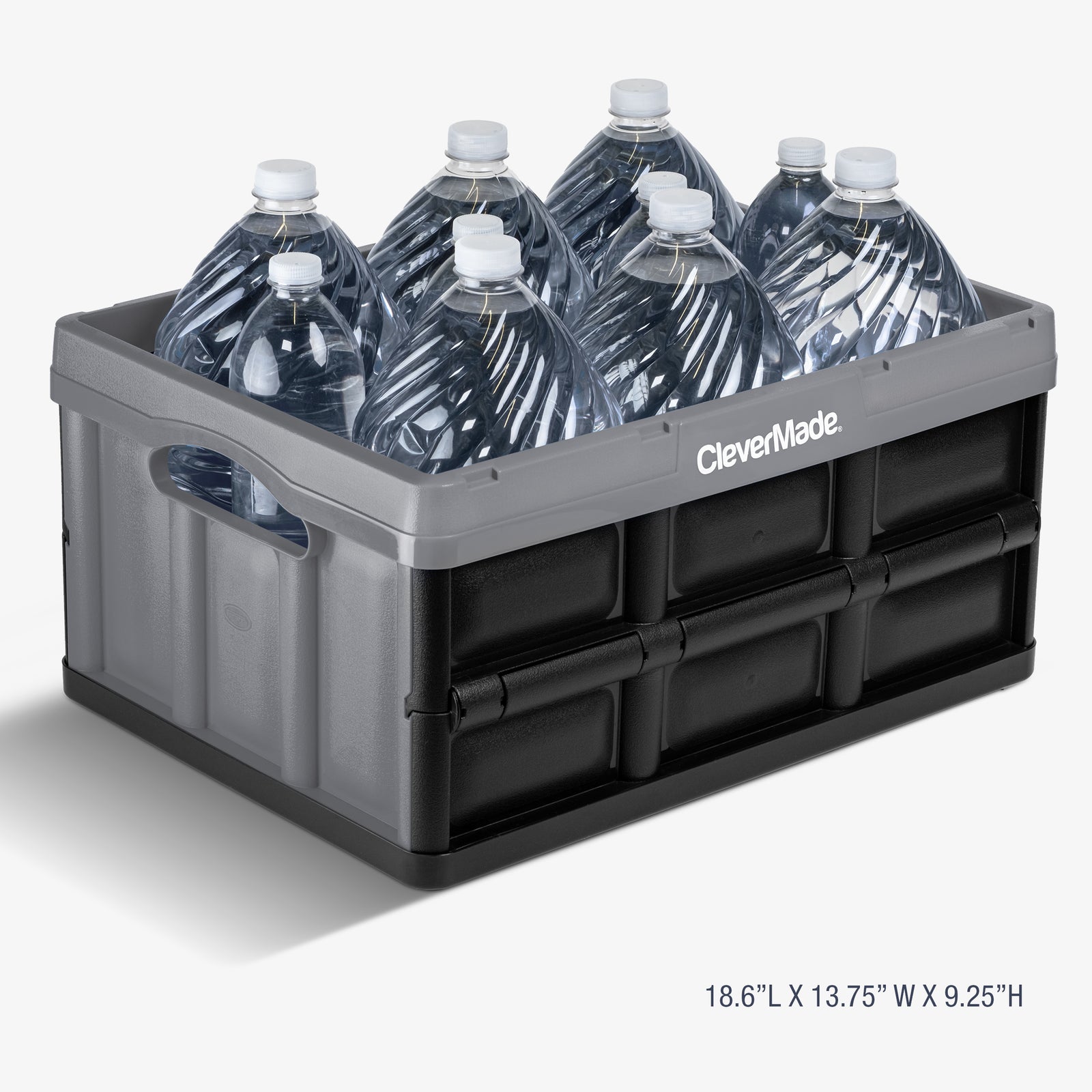 A gray-black collapsible storage bin can carry multiple bottles of water
