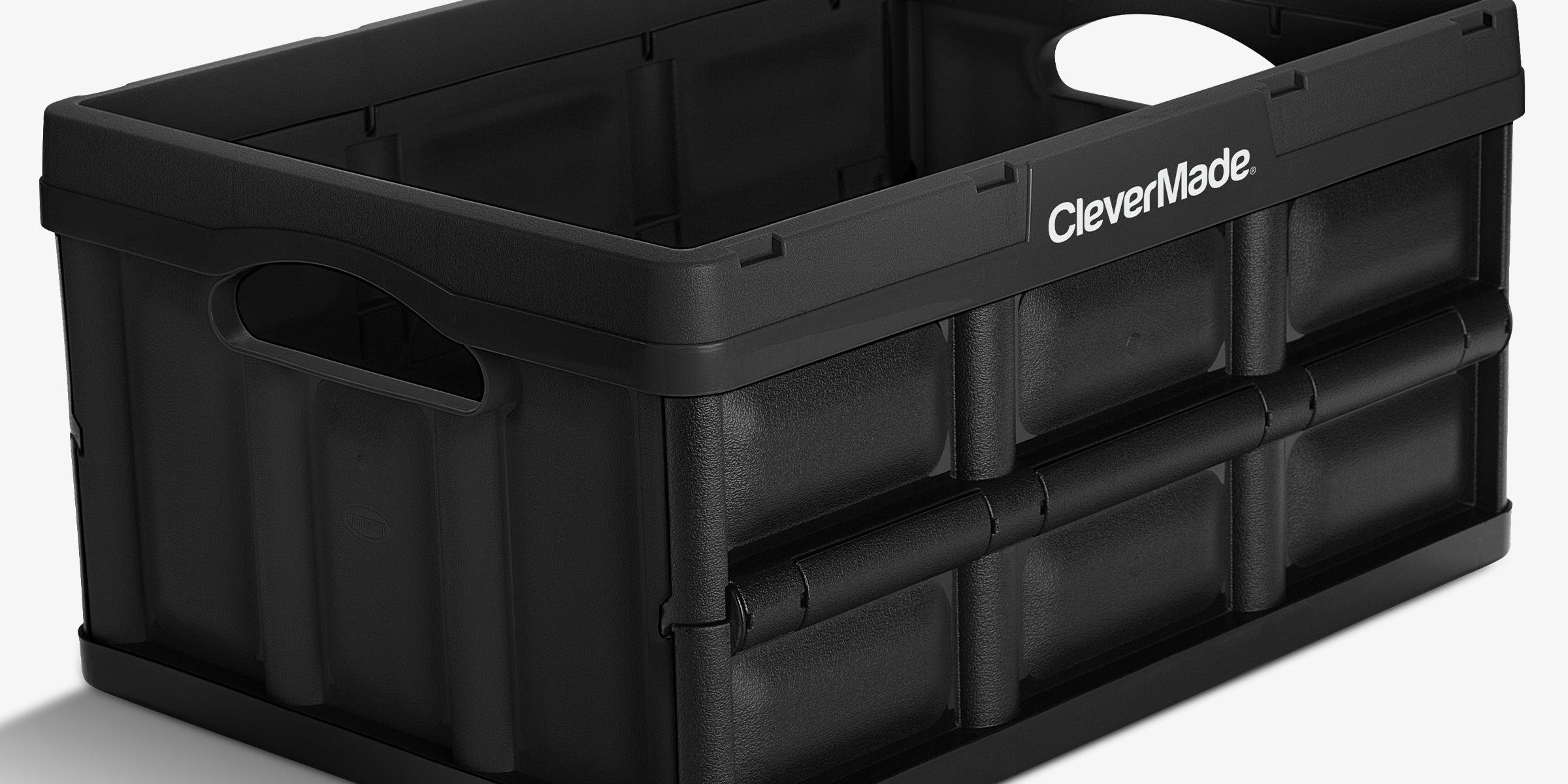 A black collapsible storage bins with the brand name 'CleverMade' visible on the side of the front bin.