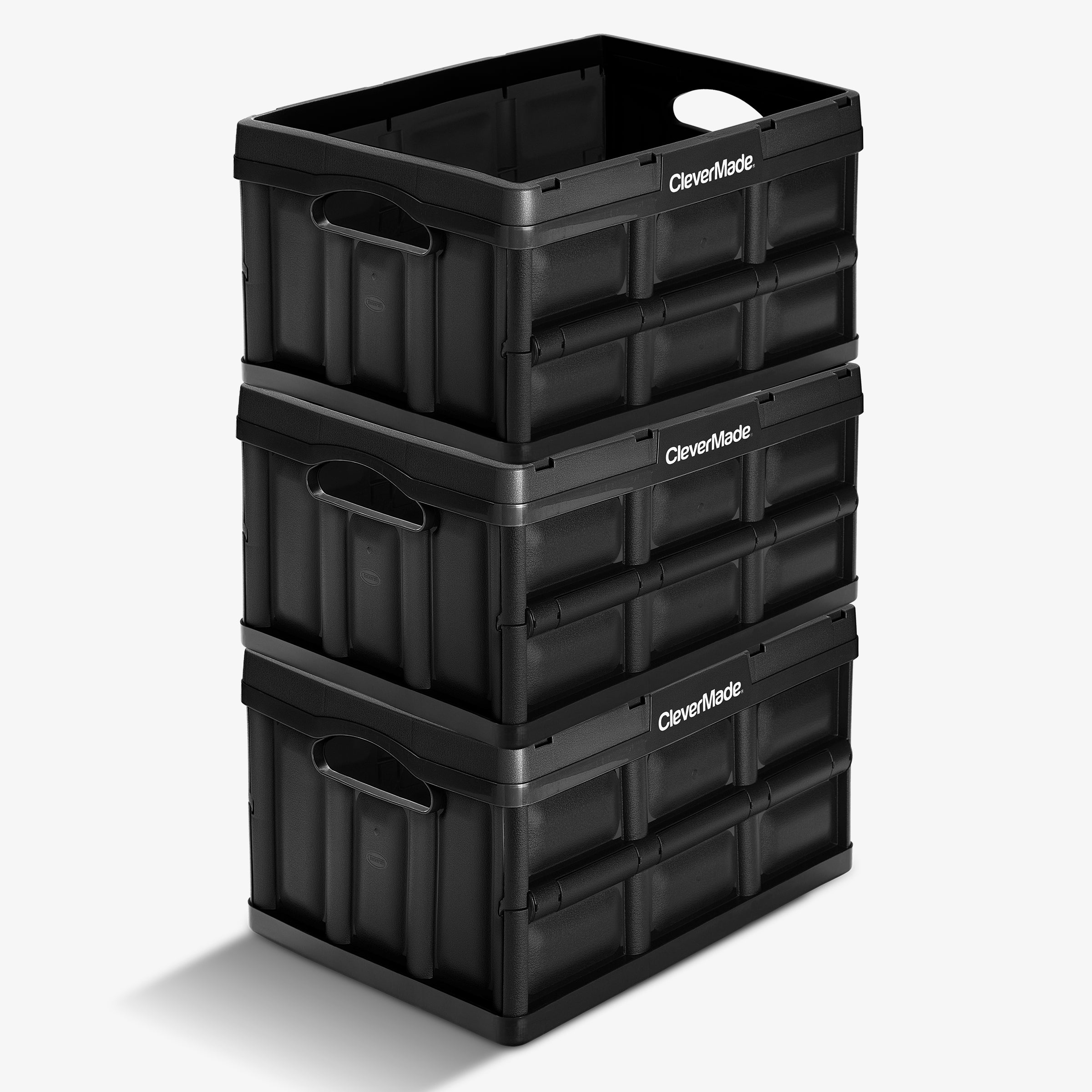 A three-layered black stackable collapsible storage bin with CleverMade logo
