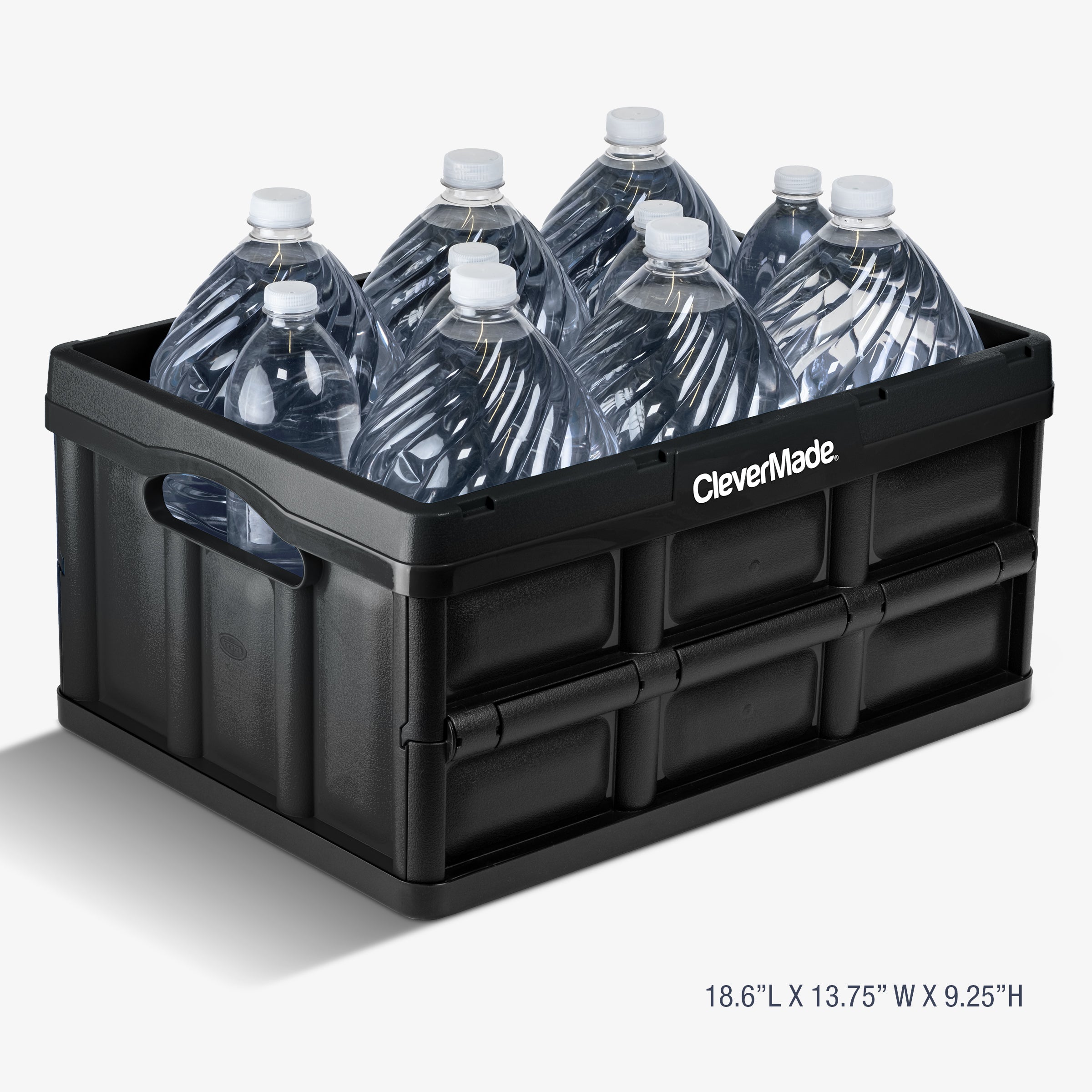 A black collapsible storage bin can carry multiple bottles of water