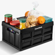 A black collapsible storage bins with grocery items