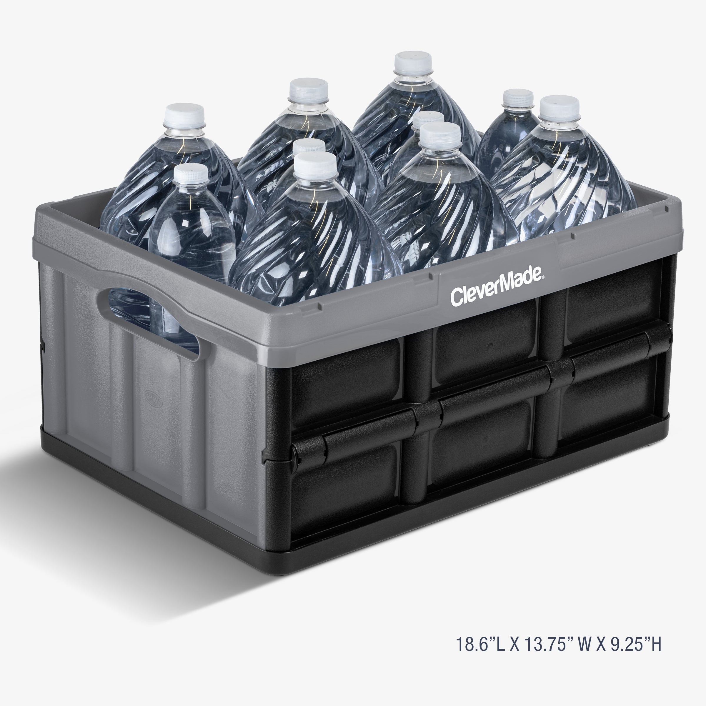 A gray-black collapsible storage bin can carry multiple bottles of water