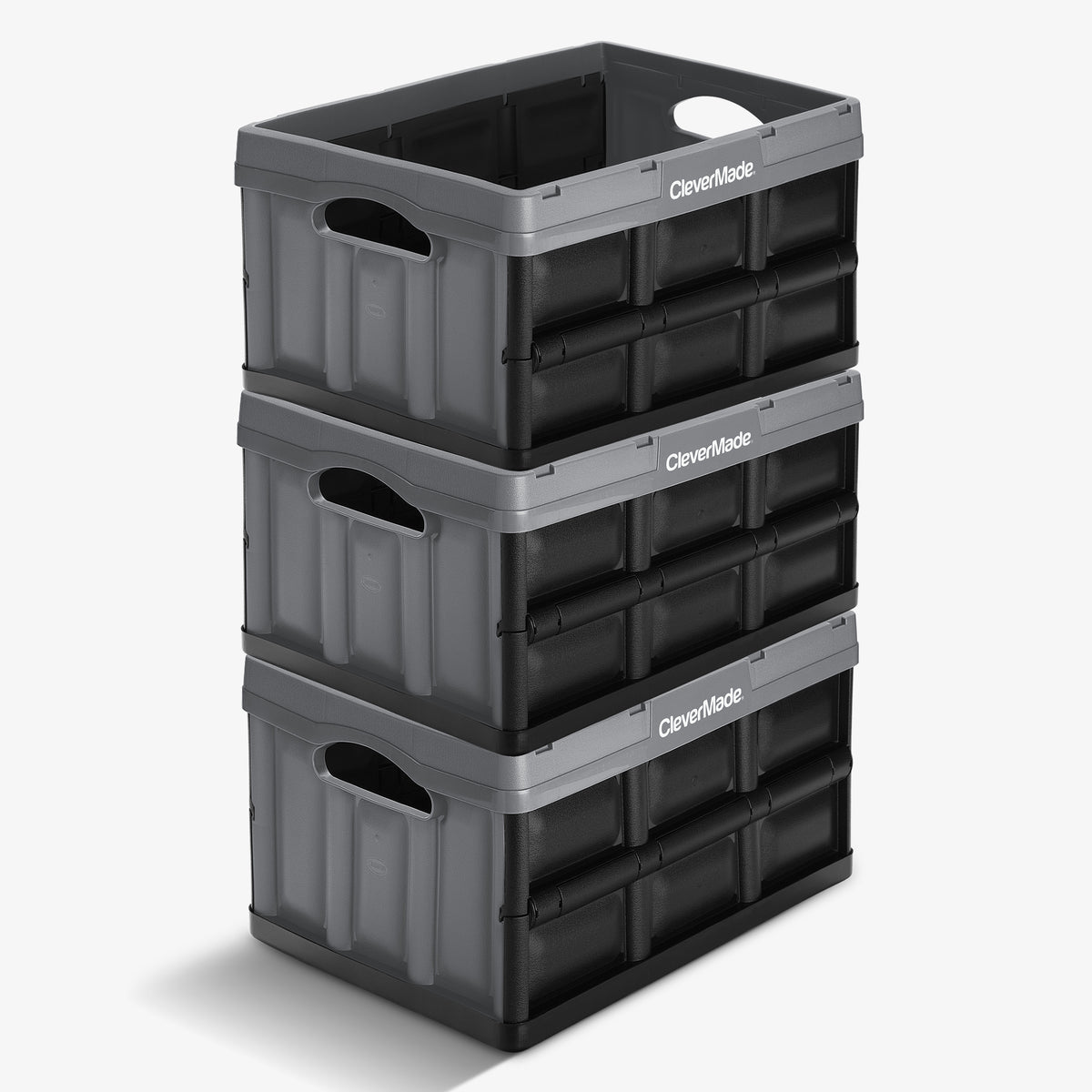 A three-layered gray-black stackable collapsible storage bin with CleverMade logo