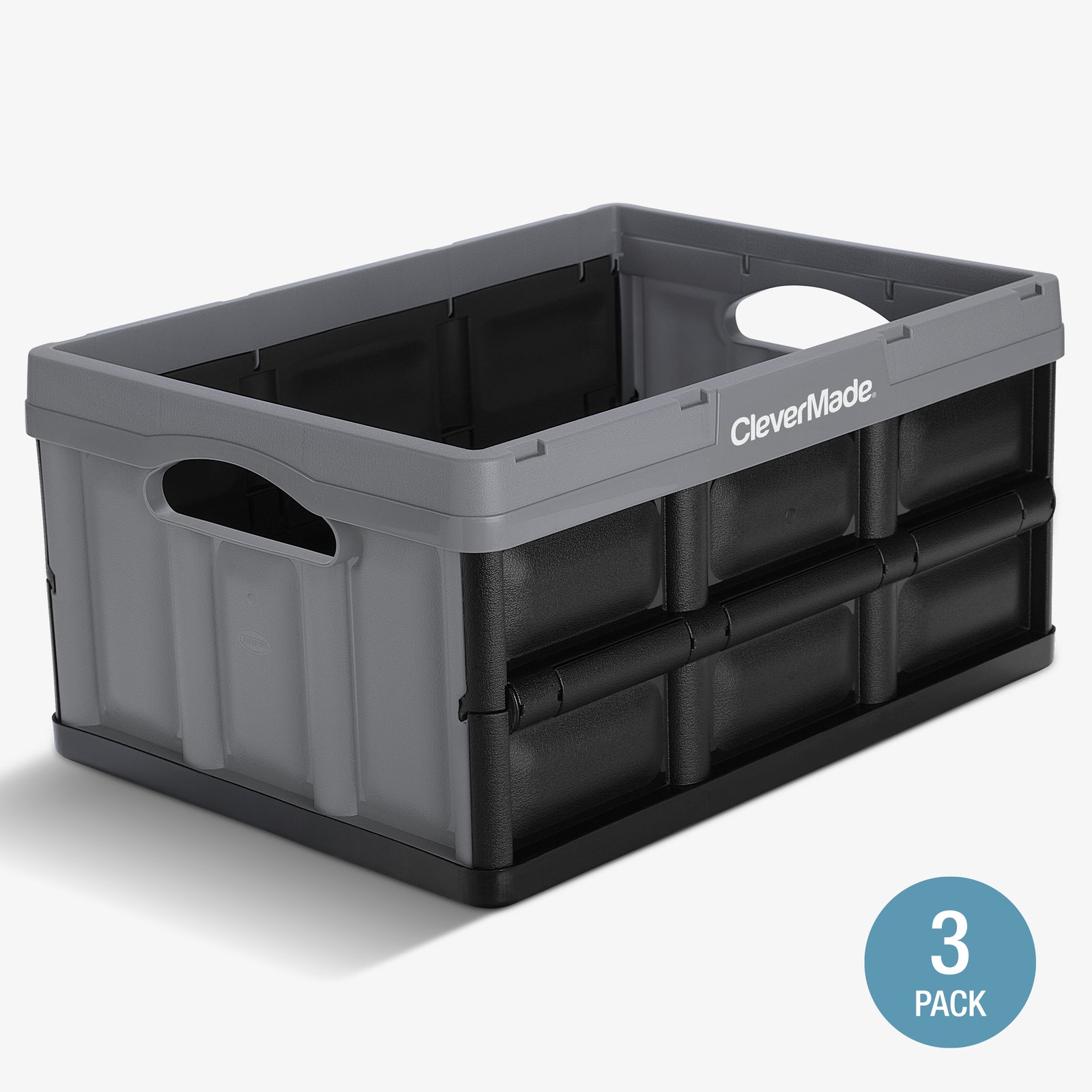 A gray-black collapsible storage bins with the brand name 'CleverMade' visible on the side of the front bin.