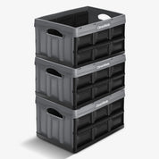 A three-layered gray-black stackable collapsible storage bin with CleverMade logo