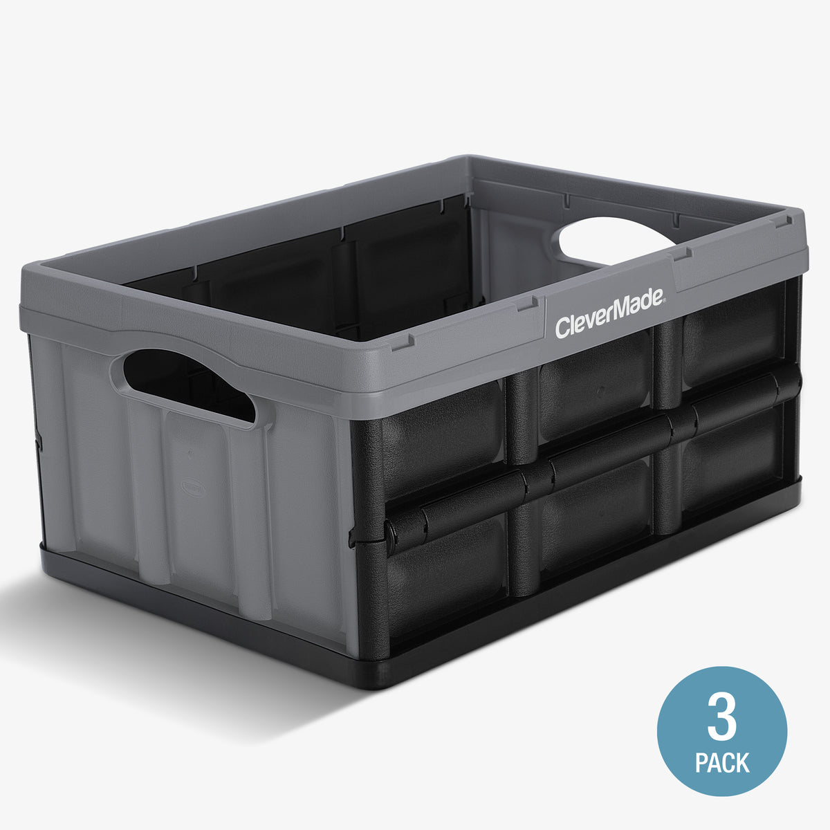 A gray-black collapsible storage bins with the brand name 'CleverMade' visible on the side of the front bin.