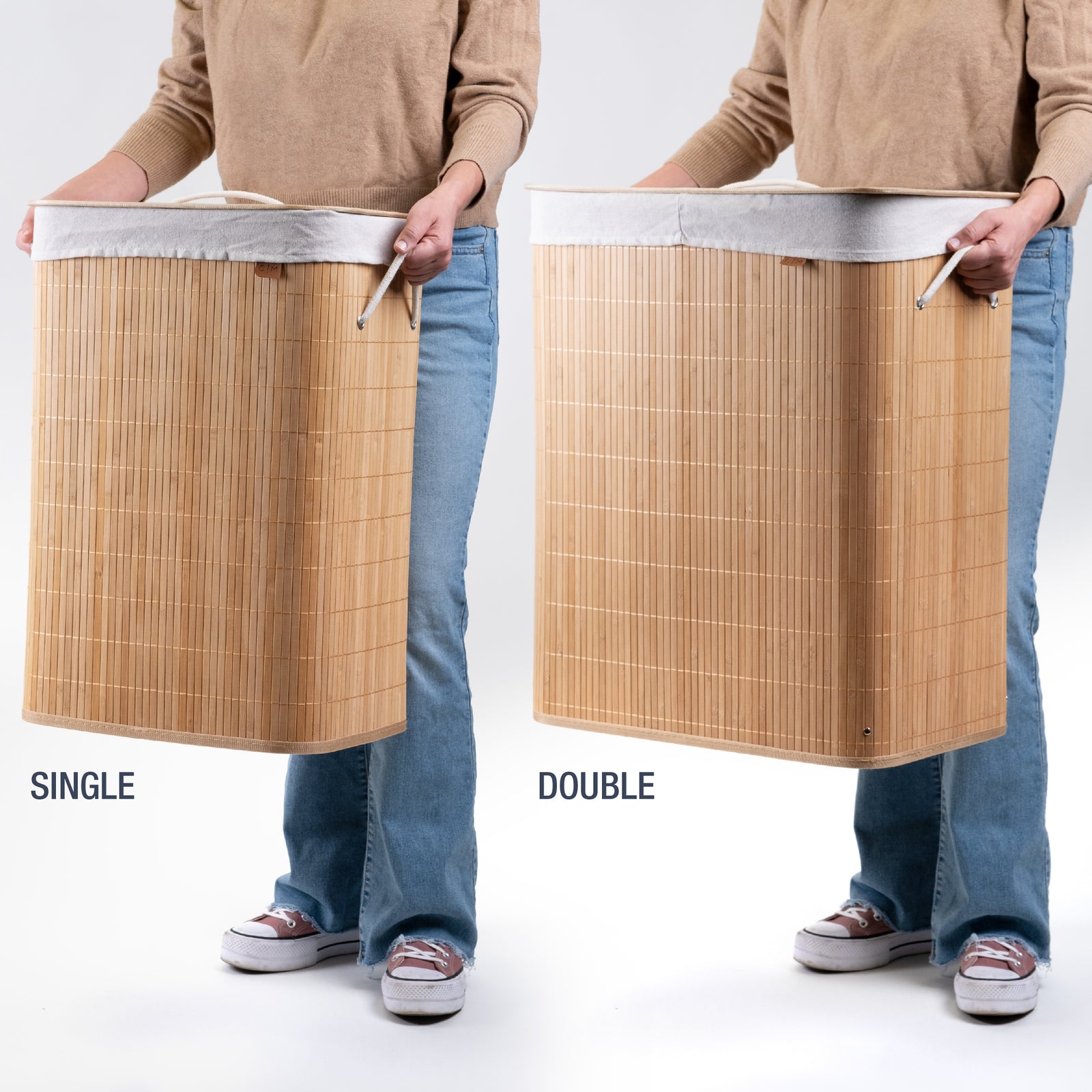 A fully built collapsible bamboo laundry hamper with a lid and handles, featuring a natural beige color, in 2 sizes