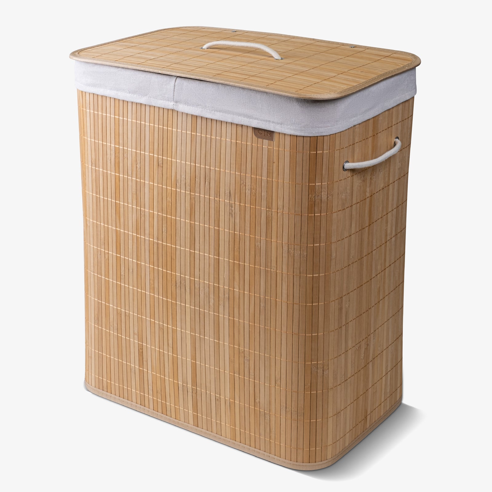 A fully built collapsible bamboo laundry hamper with a lid and handles, featuring a natural beige color.