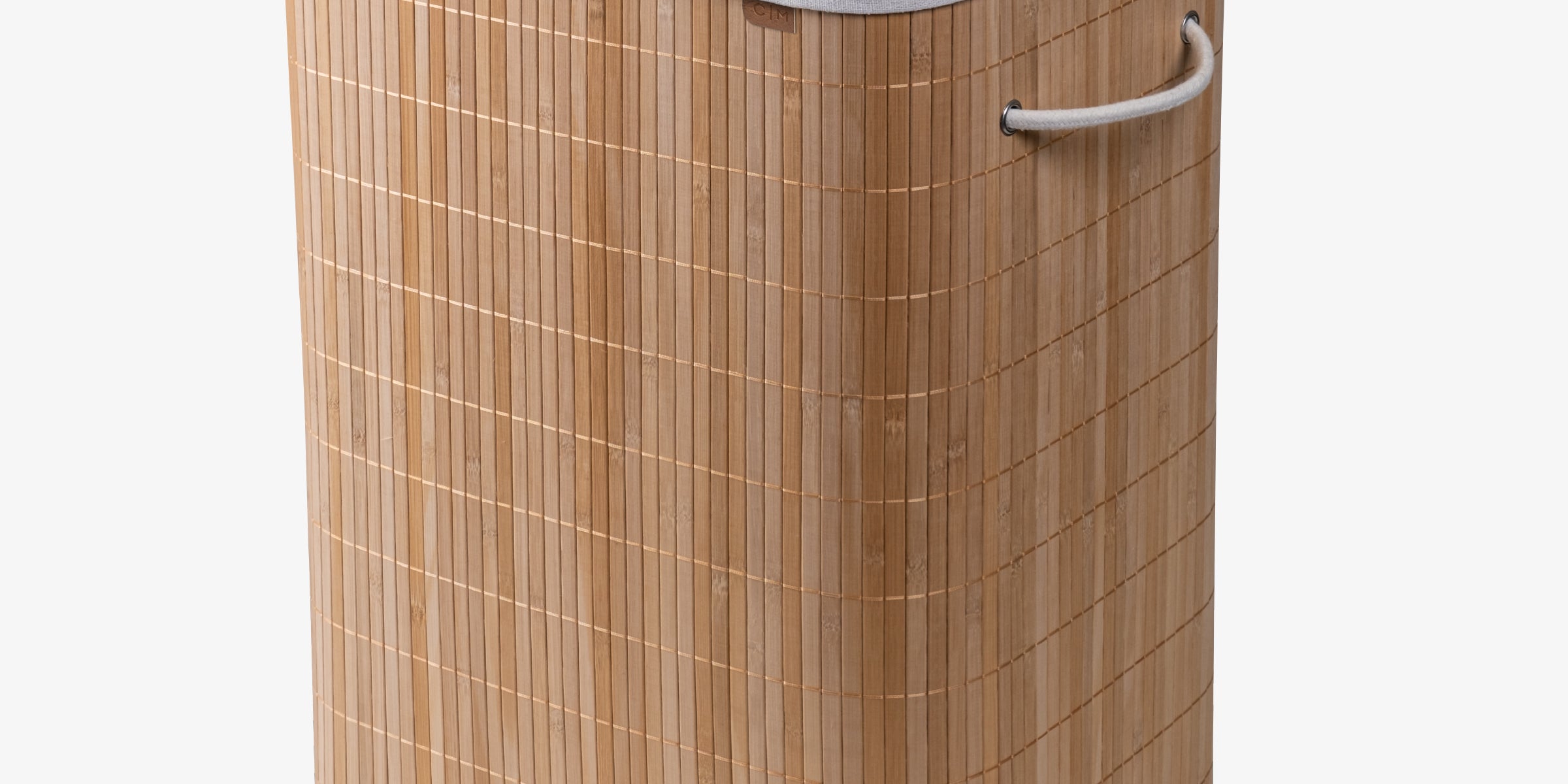 A collapsible bamboo laundry hamper with a lid and handles, featuring a natural beige color.