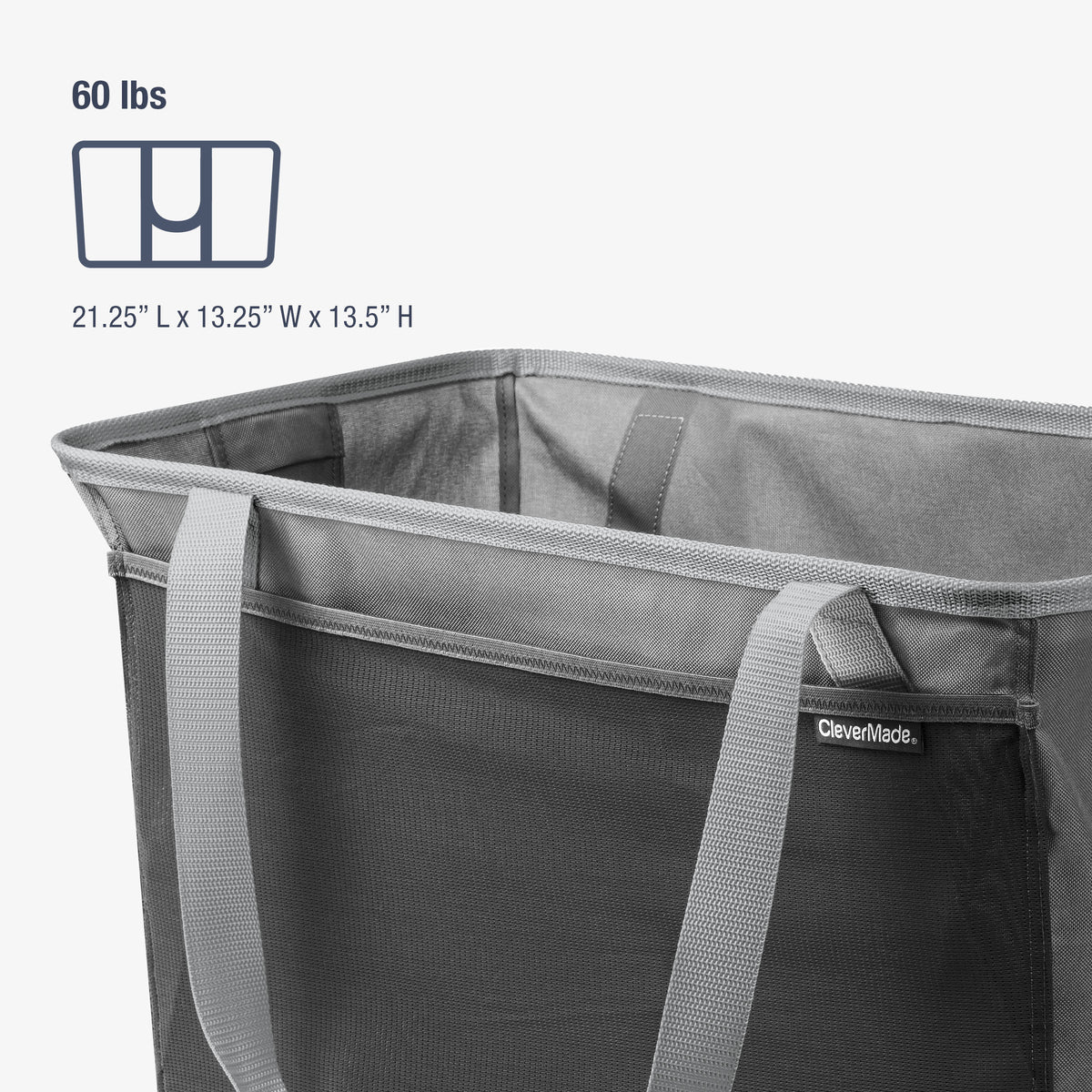 Gray CleverMade laundry tote bag with dimensions and weight capacity on a white background