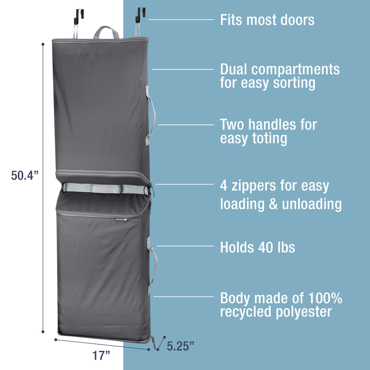 Gray Convertible Laundry Hamper with dimensions and labelled parts