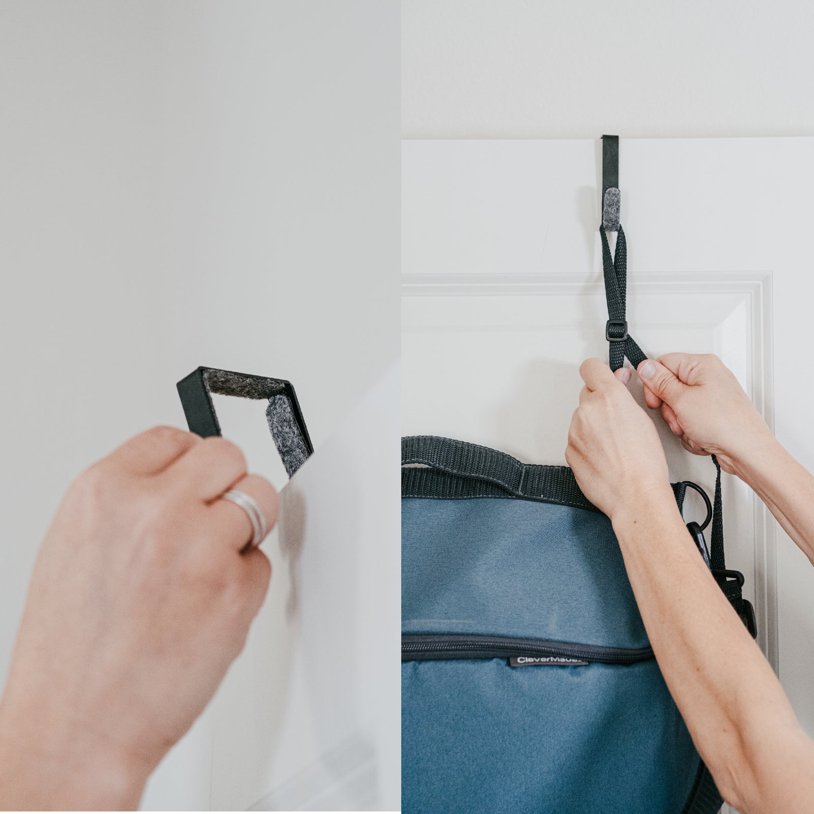 Hanging the blue Convertible Laundry Hamper with a shoulder strap and a grab handle.