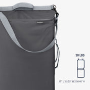 Gray bag with carrying handles with dimension and visible brand name on a white background