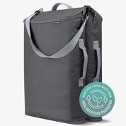 Gray laundry backpack with a visible brand logo on a white background, featuring a label indicating 100% recycled polyester.