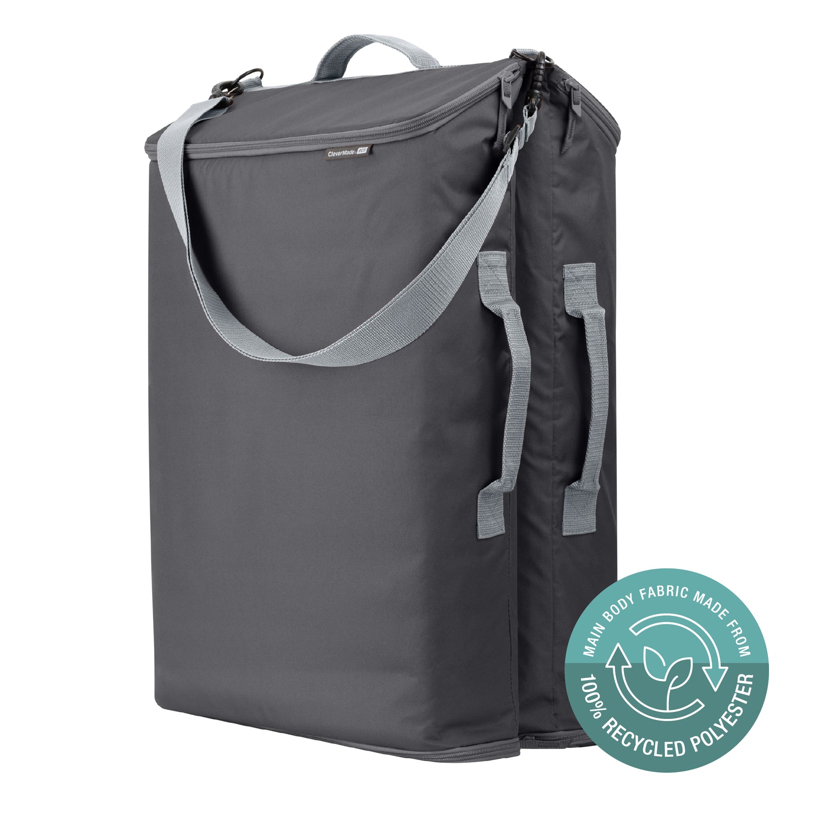 Folded gray Convertible Laundry Hamper with a shoulder strap and a grab handle.