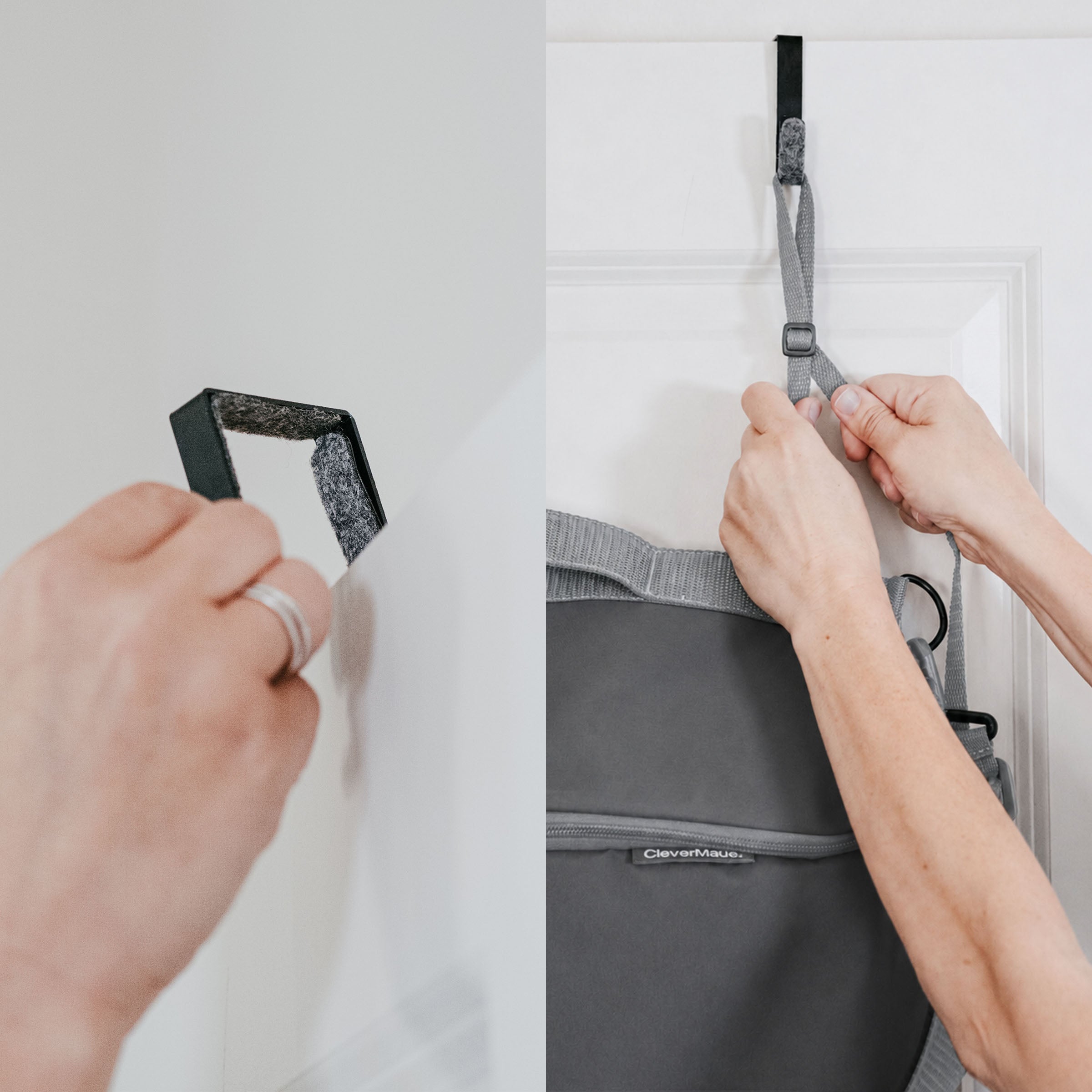 Person using a gray hanging laundry bag with a white background