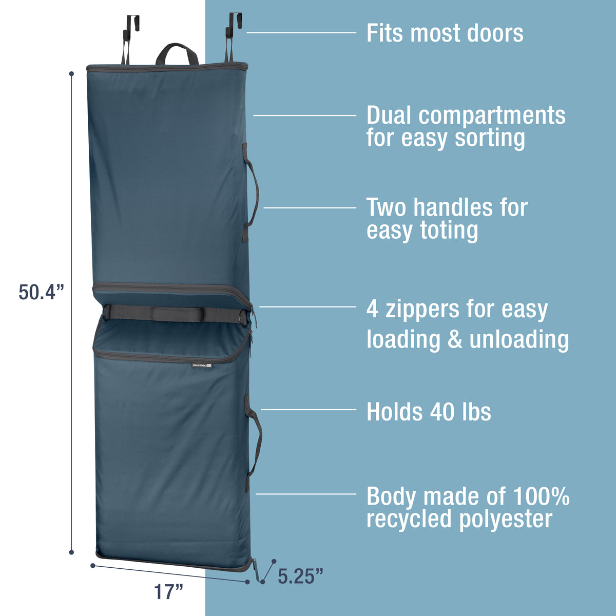Blue Convertible Laundry Hamper with dimensions and labelled parts