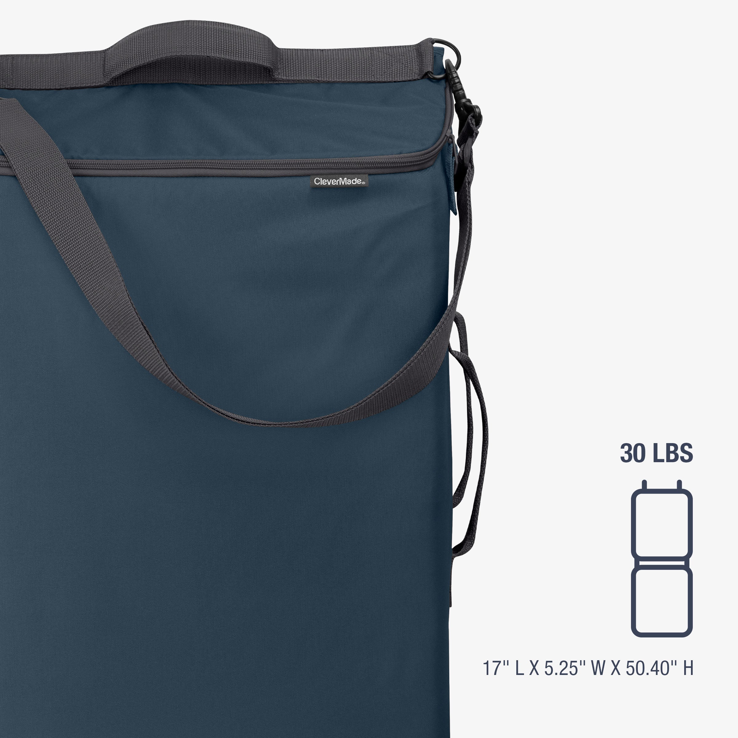Navy blue laundry bag with carrying handles with dimensions and a visible brand logo on a white background.